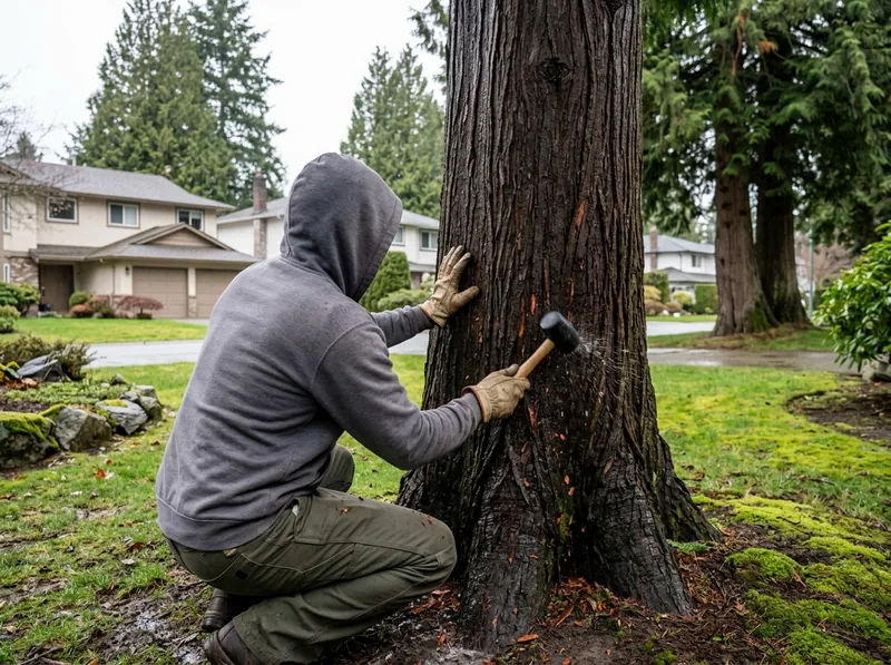 Arborist inspecting a tree near a Toronto development site for a report and permit application