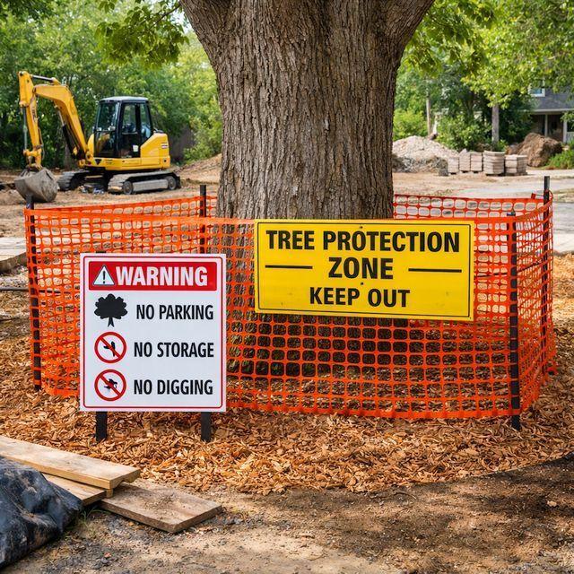 Tree Protection Zone fencing and retained trees during lot clearing in the GTA