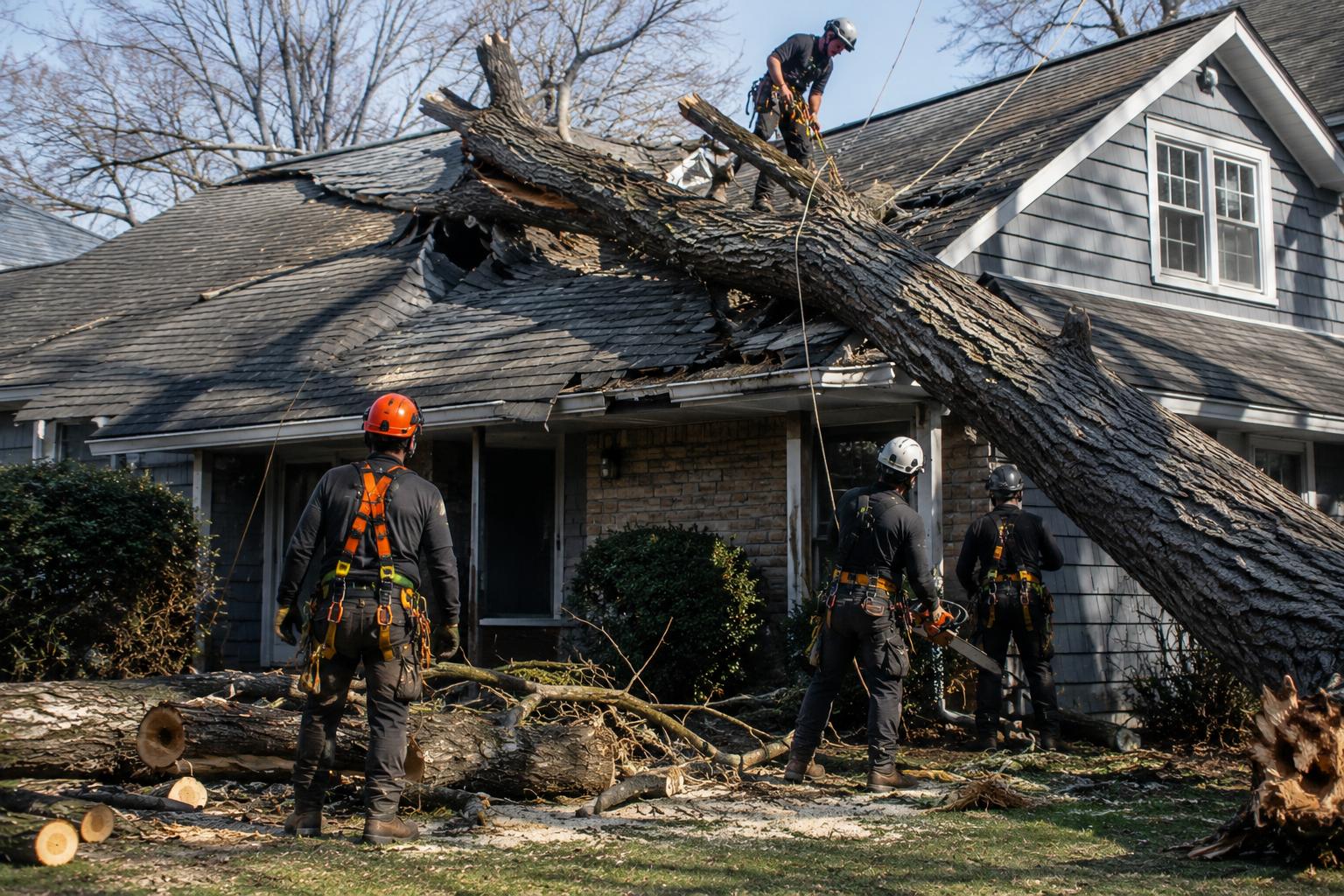 Storm-damaged tree with a broken limb assessed safely by a Toronto arborist